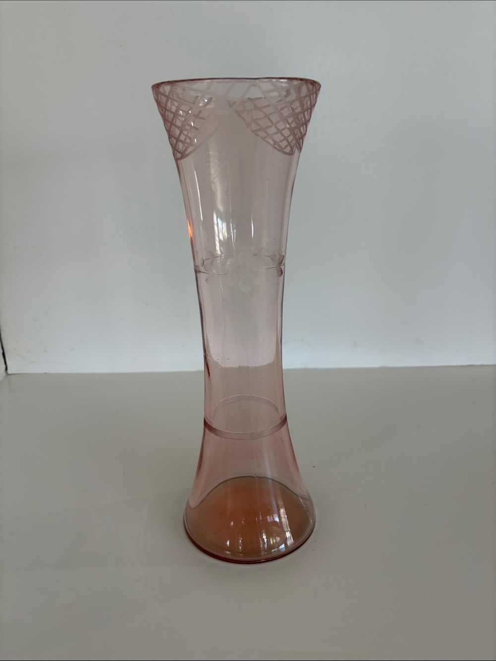 Pink Etched Depression Glass Vase